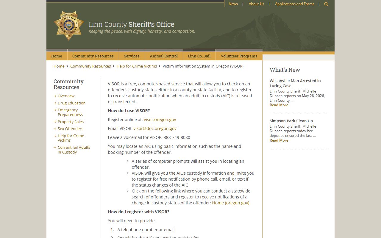 Linn County arrest records Linn Sheriff VISOR information