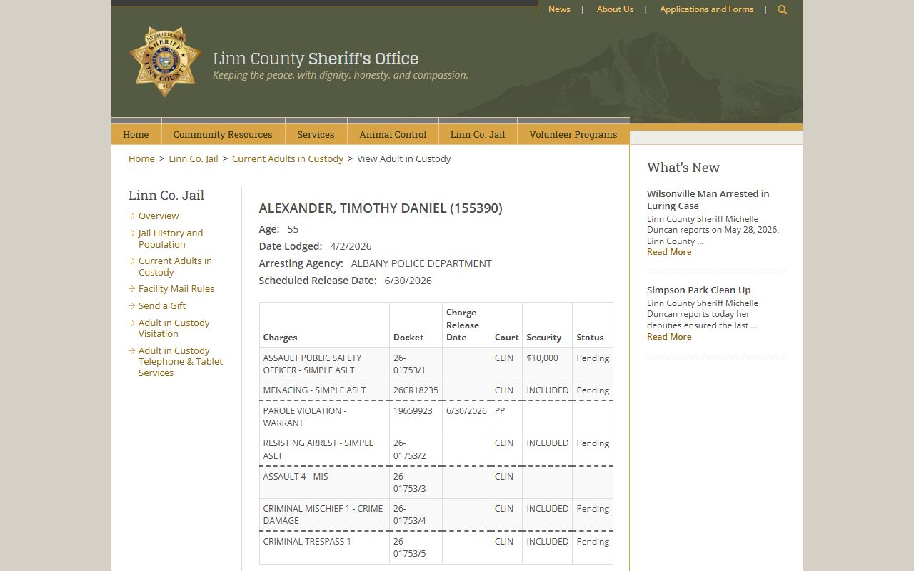Linn County arrest records sample adult in custody charge profile