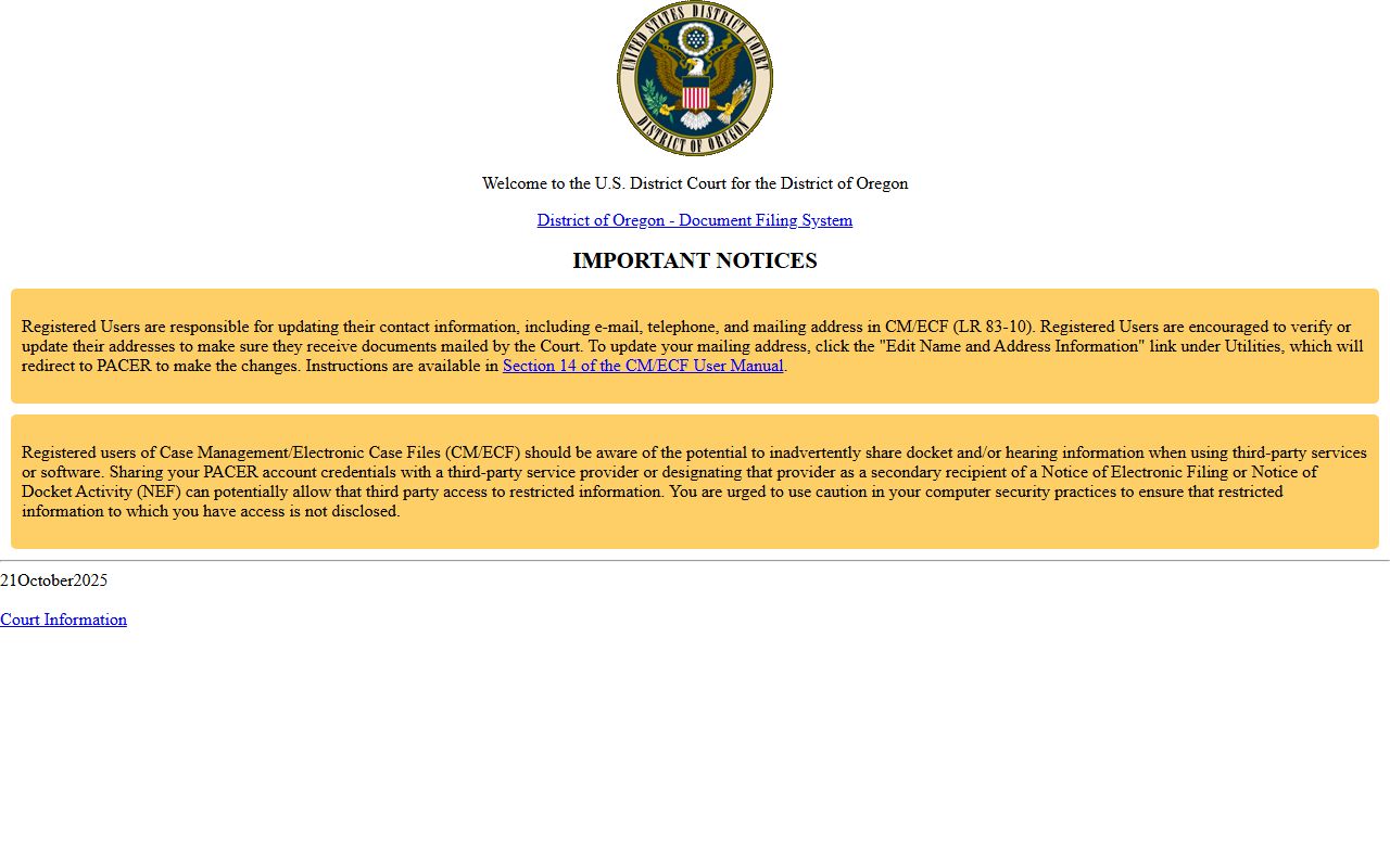 Linn County court dockets District of Oregon CM/ECF