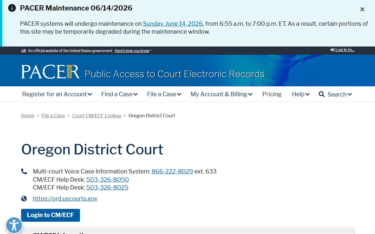 Linn County court dockets PACER District of Oregon lookup