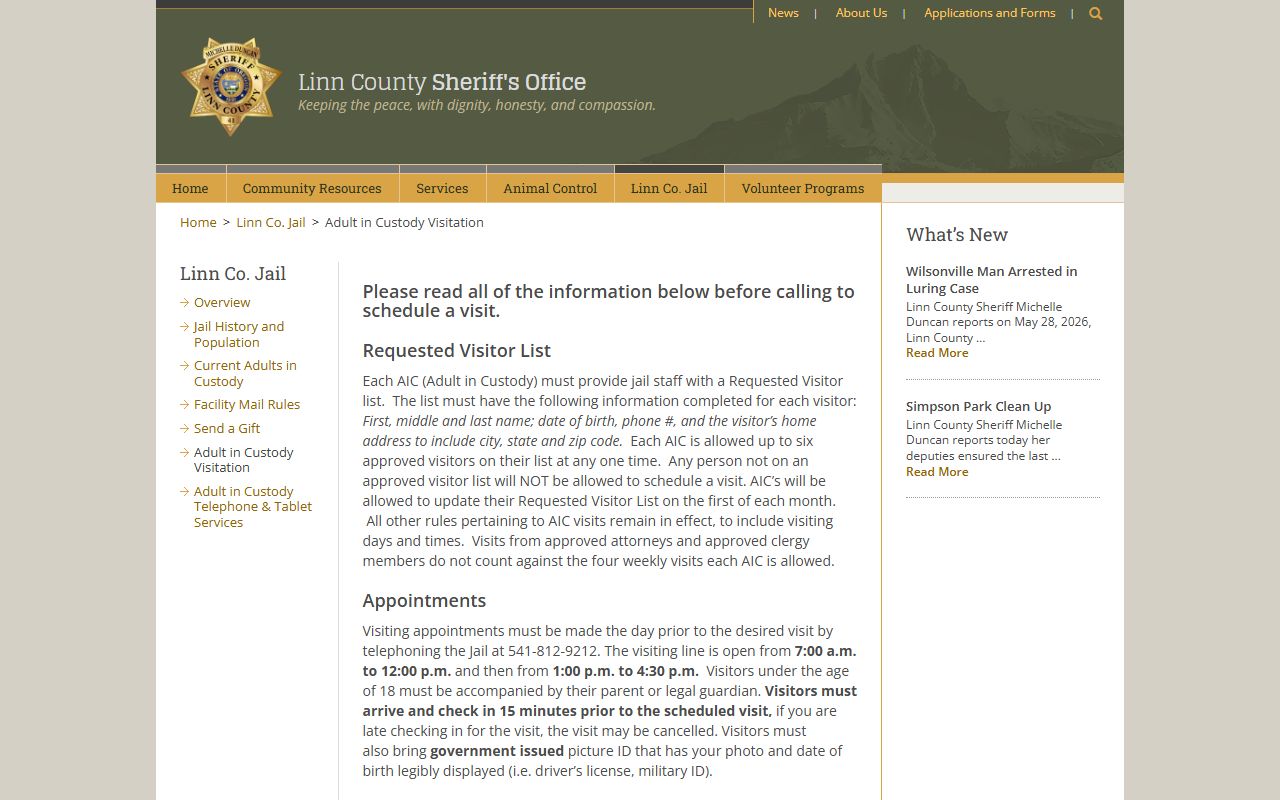 Linn County inmate records visitation schedule